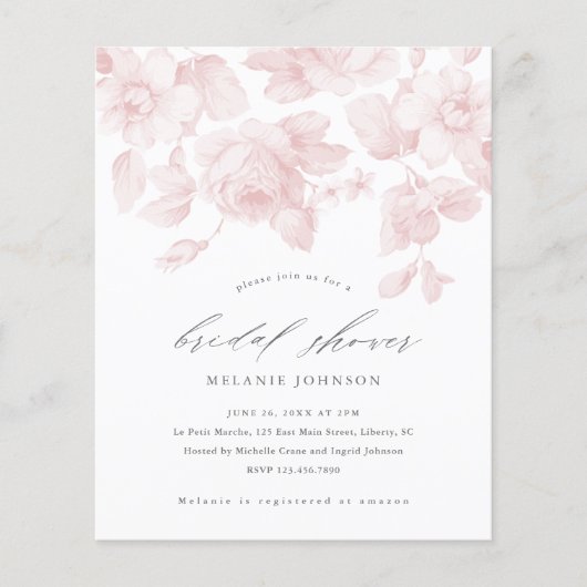 予算フローラスクリプトピンクブライダルシャワー招待 (正面)