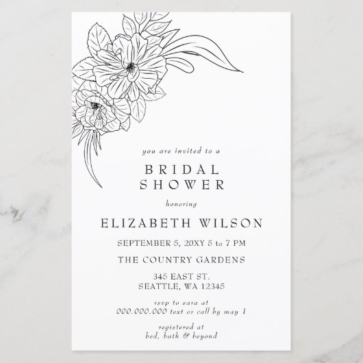 予算フローラスケッチブライダルシャワー招待状 (正面)