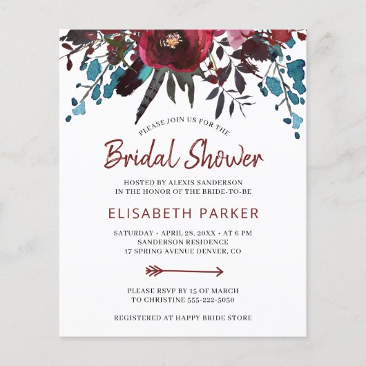 予算フローラバーガンディブライダルシャワー招待状 (正面)