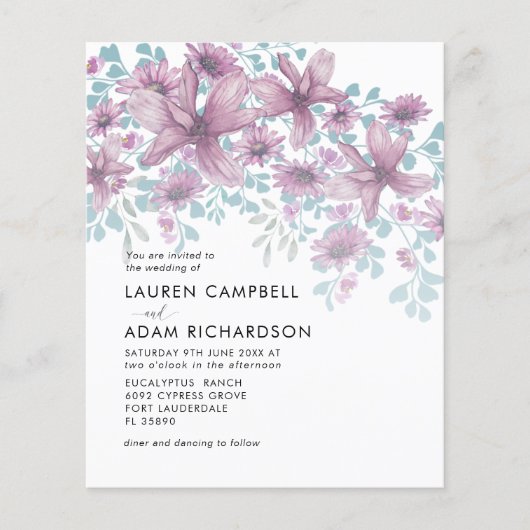 予算フローラピンクウォーターカラー結婚式招待状 (正面)
