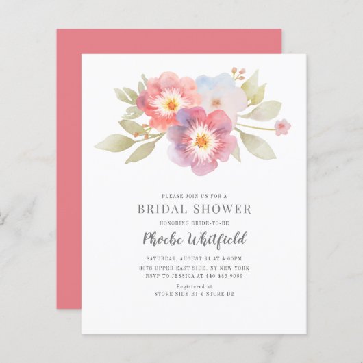 予算フローラピンクパープルブライダルシャワー招待状 (正面/裏面)