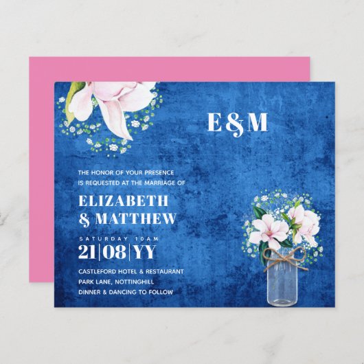 予算フローラピンクマグノリアス緑の結婚式の招待 (正面/裏面)