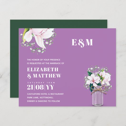 予算フローラピンクマグノリアス緑の結婚式の招待 (正面/裏面)