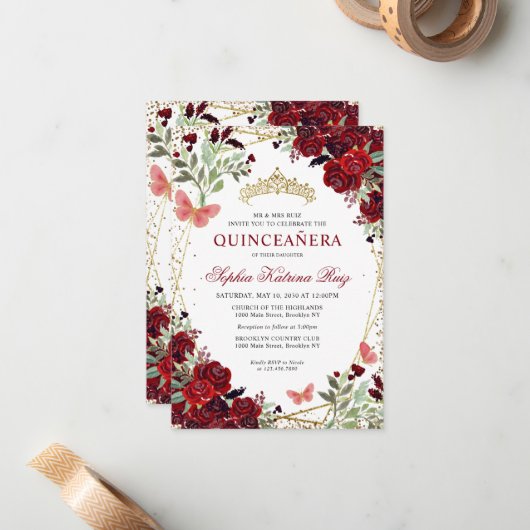 予算フローラブルガンディレッド金ゴールドティアラキンセアニラ ノートカード (正面/裏面インサイチュ)