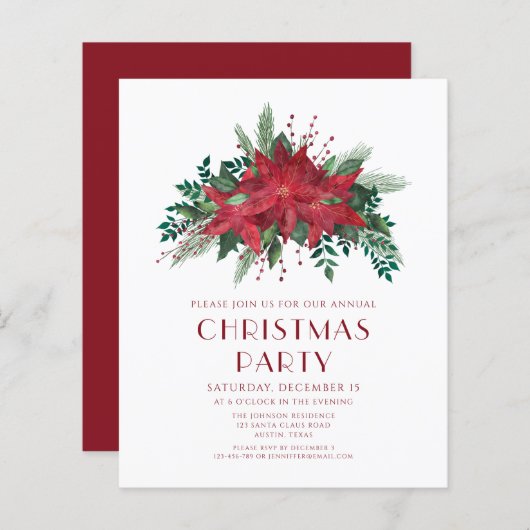 予算フローラポインセチアクリスマスパーティー招待状 (正面/裏面)