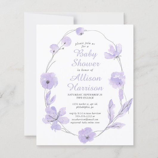 予算フローララベンダーベビーシャワー招待状 (正面)