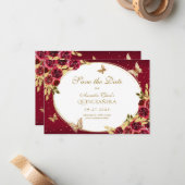 予算フローラレッド金ゴールドバタフライキンセアニェラ ノートカード (正面/裏面インサイチュ)