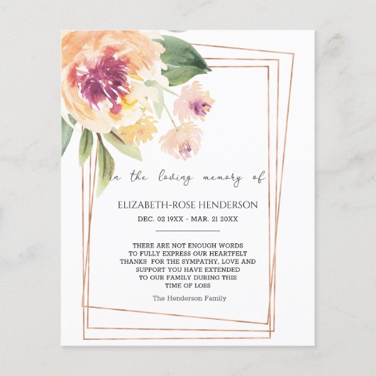 予算フローラ悔やみや弔慰メモリアルサンキューカード。蛍光 チラシ (正面)