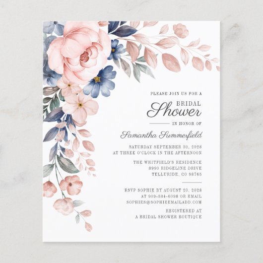 予算フローラ水彩ブライダルシャワー招待状 (正面)