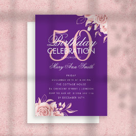 予算フローラ誕生日バラ金ゴールド&パープル招待状 ノートカード