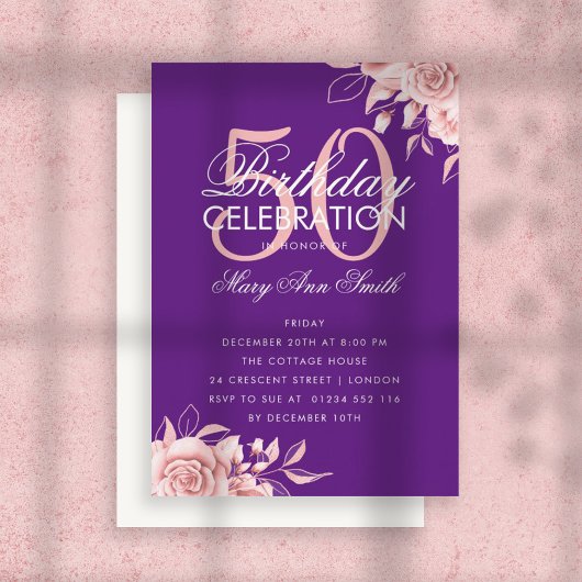 予算フローラ誕生日バラ金ゴールド&パープル招待状 ノートカード