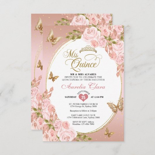 予算フローラ赤面ピンク金ゴールドバタフライミンス ノートカード (正面/裏面)