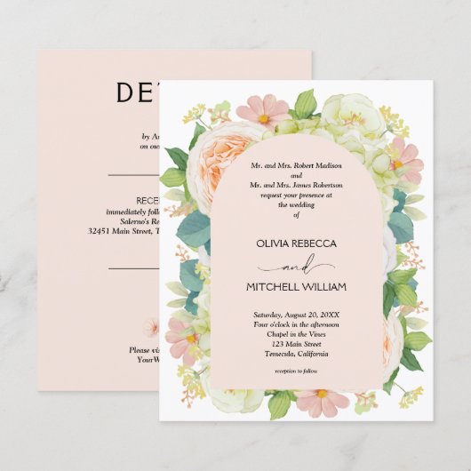 予算フローラ赤面結婚ピンクズオールインワン招待状 (正面/裏面)