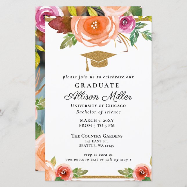 予算フローラ金ゴールド写真卒業招待状 (正面/裏面)