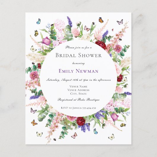予算フローラ&バタフライブライダルシャワー招待状 (正面)