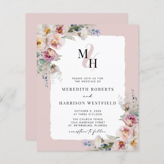 予算フローラQRコードモノグラム結婚式招待状 (正面/裏面)