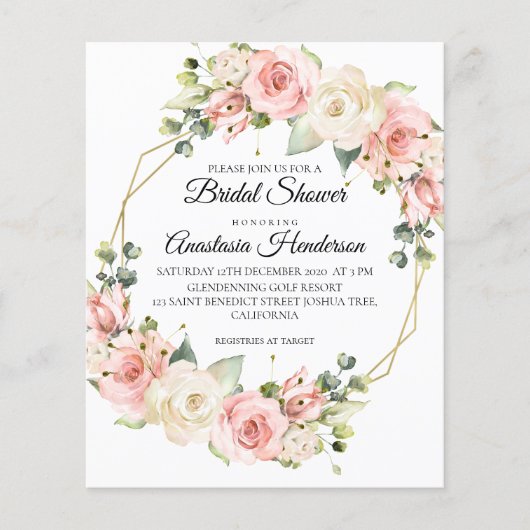 予算ブライダルシャワーの招待。 チラシ (正面)