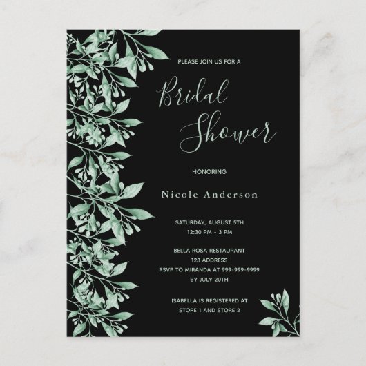 予算ブライダルシャワーの黒い緑の招待 ポストカード (正面)