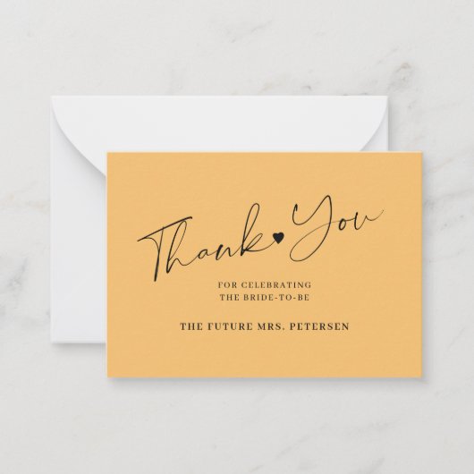 予算ブライダルシャワースクリプ感謝していトオレンジ ノートカード (正面)