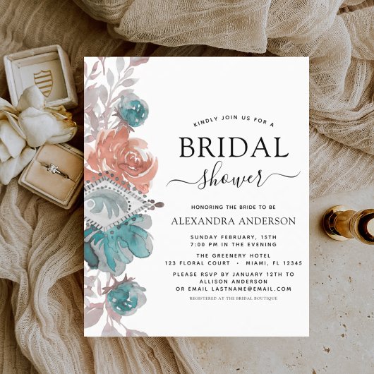 予算ブライダルシャワーターコイズピンク招待状