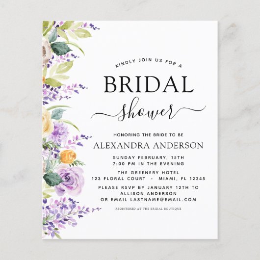予算ブライダルシャワーパープルワイルドフラワー招待状 (正面)