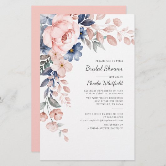 予算ブライダルシャワーピンクフローラ招待状カード 便箋 (正面/裏面)