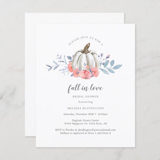 予算ブライダルシャワーフローラパンプキン招待状 (正面/裏面)