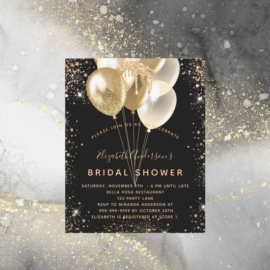 予算ブライダルシャワーブラック金ゴールドグリッターバルーン