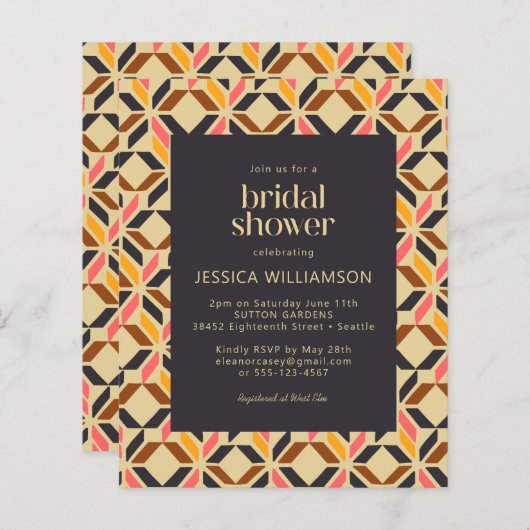 予算ブライダルシャワー招待状-アールデコ幾何学模様 (正面/裏面)