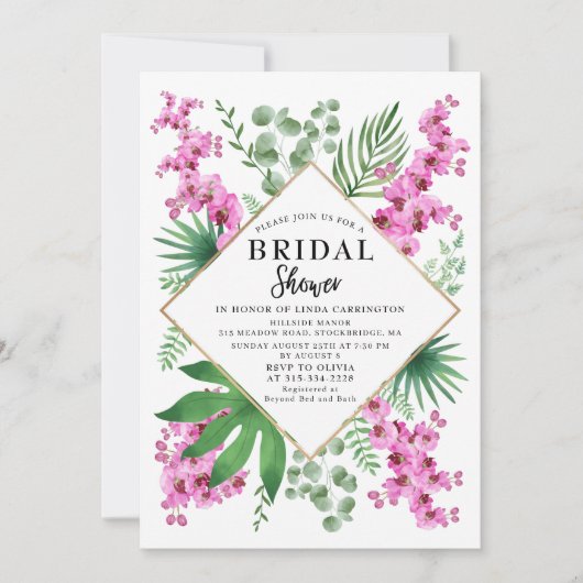 予算ブライダルシャワー熱帯フローラQRコードボホ 招待状 (正面)