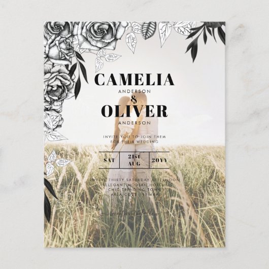 予算ブラックバラフォトオーバーレイ結婚式の招待 (正面)