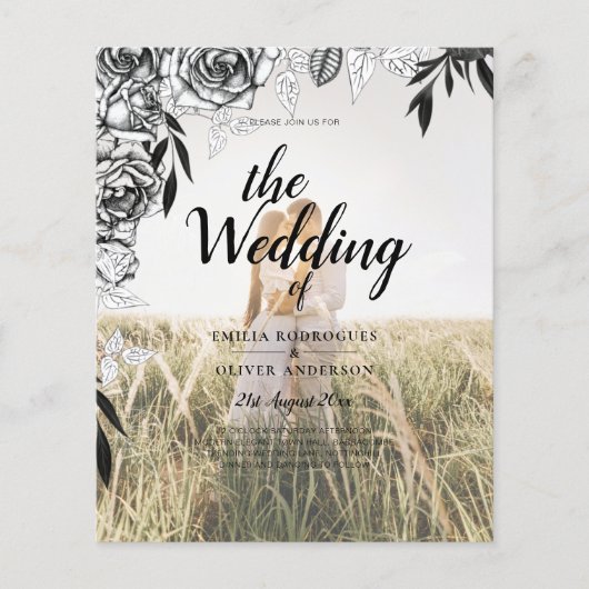 予算ブラックバラフォトオーバーレイ結婚式の招待 チラシ (正面)