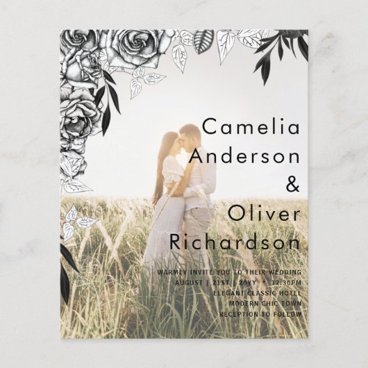 予算ブラックバラフォトオーバーレイ結婚式の招待 チラシ (正面)