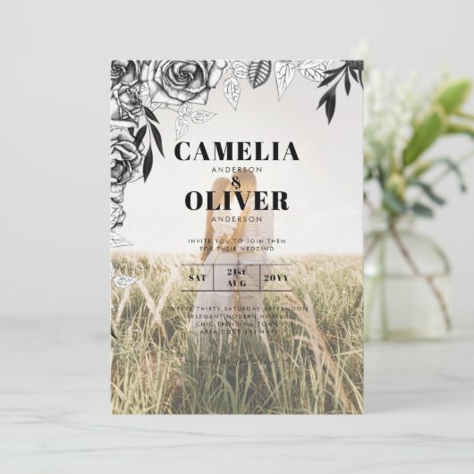 予算ブラックバラフォトオーバーレイ結婚式の招待 招待状 (スタンド正面)