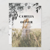 予算ブラックバラフォトオーバーレイ結婚式の招待 招待状 (正面/裏面)