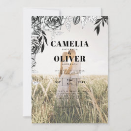 予算ブラックバラフォトオーバーレイ結婚式の招待 招待状