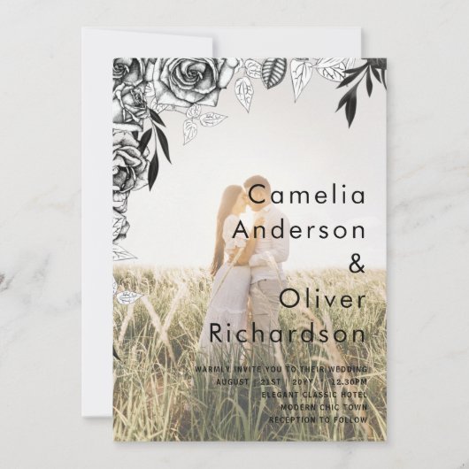 予算ブラックバラフォトオーバーレイ結婚式の招待 招待状 (正面)