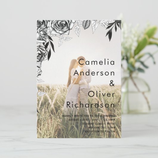 予算ブラックバラフォトオーバーレイ結婚式の招待 招待状 (スタンド正面)