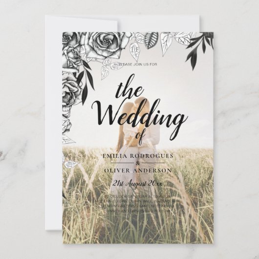 予算ブラックバラフォトオーバーレイ結婚式の招待 招待状 (正面)