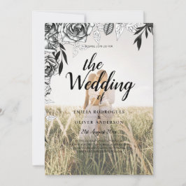 予算ブラックバラフォトオーバーレイ結婚式の招待 招待状