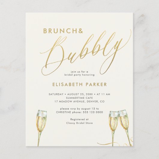 予算ブランチと泡立つブライダルシャワーの招待 チラシ (正面)