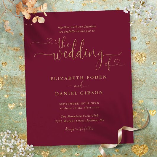 予算ブルゴーニュ金ゴールドハートスクリプト結婚式の招待