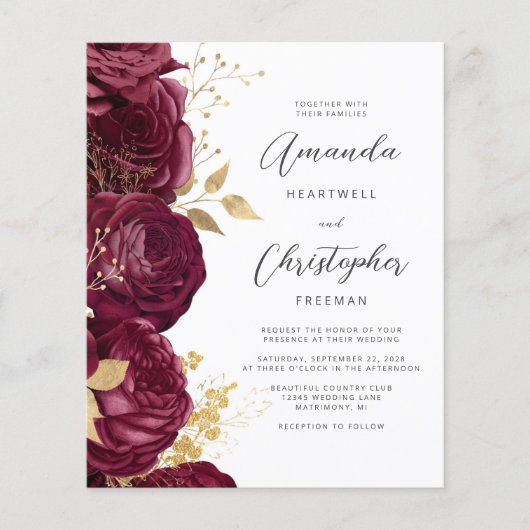 予算ブルゴーニュ金ゴールドフローラQRコード結婚式の招待 (正面)