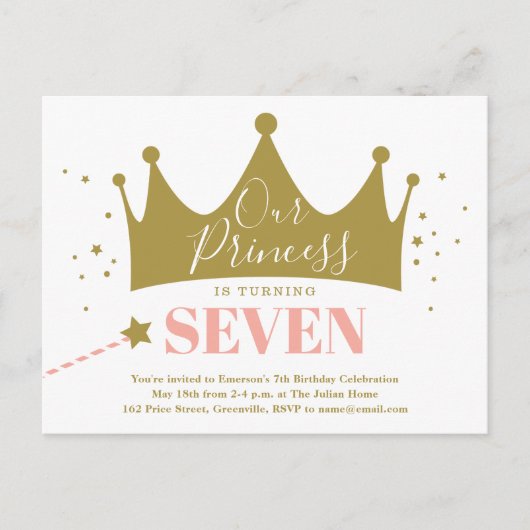 予算プリンセスピンクキッズバースデーパーティー インビテーションポストカード (正面)