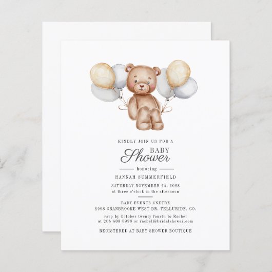 予算ベアーバルーンのスクリプトベビーシャワー招待状 (正面/裏面)