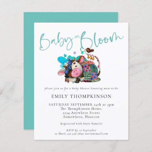 予算ベビーの開花牛眠りベビーシャワー招待状 (正面/裏面)