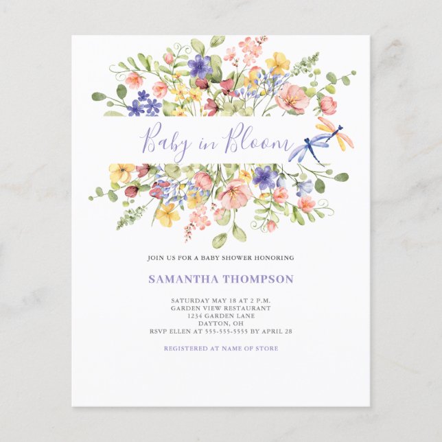 予算ベビーイン開花ピンクフローラシャワー招待状 (正面)