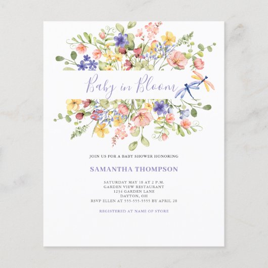 予算ベビーイン開花ピンクフローラシャワー招待状 チラシ (正面)