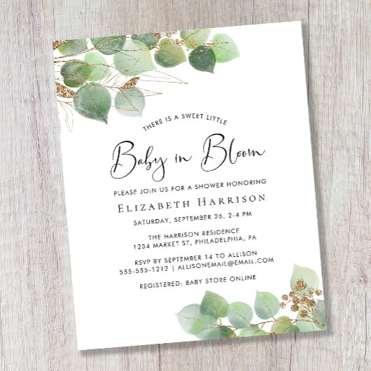 予算ベビーイン開花ユーカリプトゥスシャワー招待状