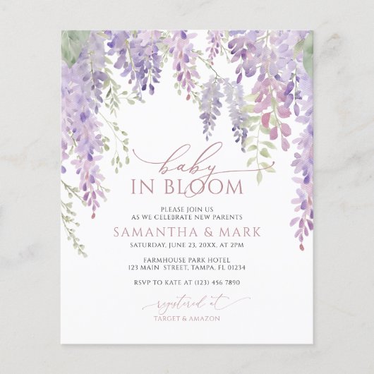 予算ベビーイン開花藤シャワー招待状 (正面)